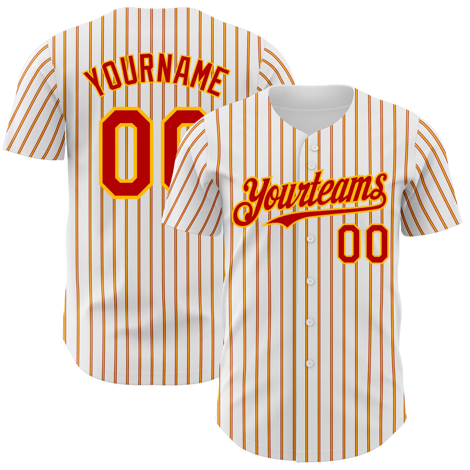 Custom Baseball Jersey with Personalized Name and Number, Red Gold Pinstripe Design, Authentic White Team Apparel Personalized