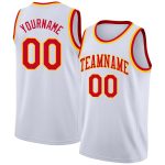 Custom Basketball Jersey - Personalized Red-Gold White Rib-Knit Team Name & Number, Round Neck Personalized White Red-Gold