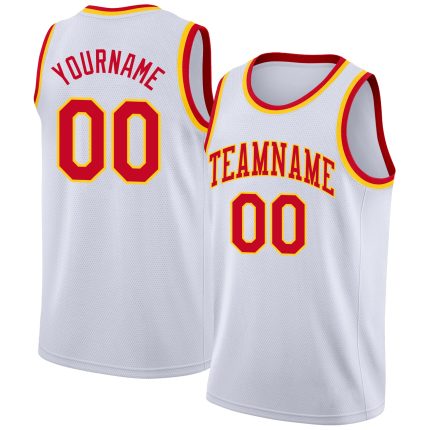 Custom Basketball Jersey - Personalized Red-Gold White Rib-Knit Team Name & Number, Round Neck Personalized White Red-Gold
