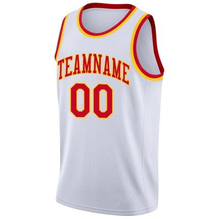 Custom Basketball Jersey - Personalized Red-Gold White Rib-Knit Team Name & Number, Round Neck Personalized White Red-Gold