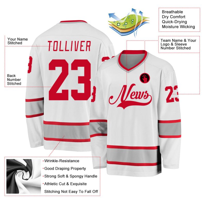 Custom Name and Number Personalized Hockey Jersey in White Red-Gray Design Personalized White Red-Gray Hockey Jersey Team