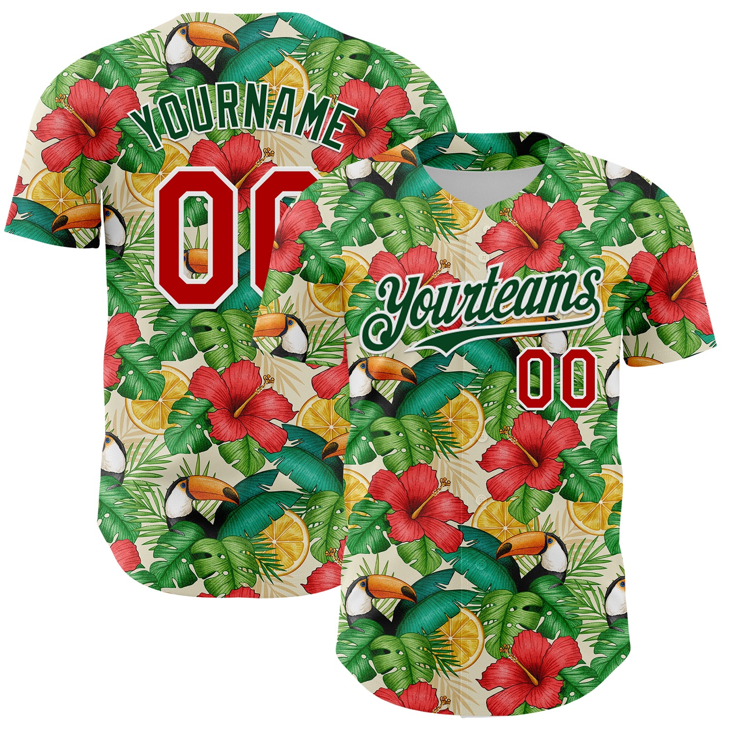 Custom Name and Number 3D Pattern Tropical Plant Bird Baseball Jersey - Personalized Red Green Design Personalized White
