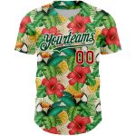 Custom Name and Number 3D Pattern Tropical Plant Bird Baseball Jersey - Personalized Red Green Design Personalized White