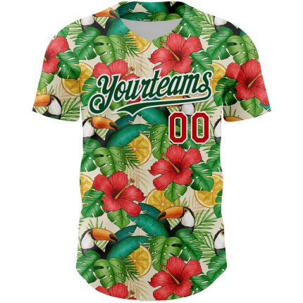 Custom Name and Number 3D Pattern Tropical Plant Bird Baseball Jersey - Personalized Red Green Design Personalized White