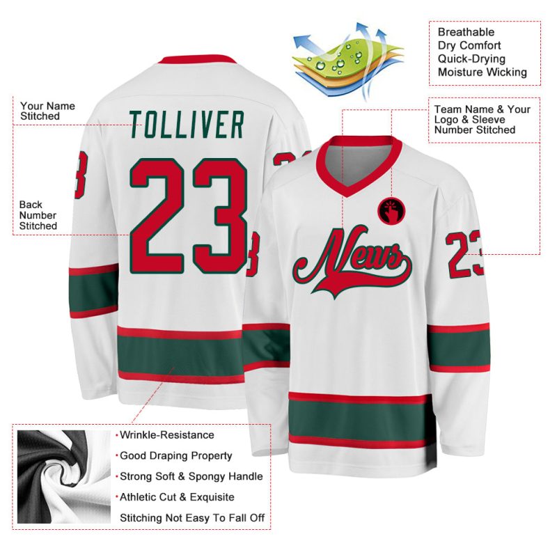 Custom Team Hockey Jersey - Personalized White Red Green with Name & Number Personalized White Red-Green Hockey Jersey Team