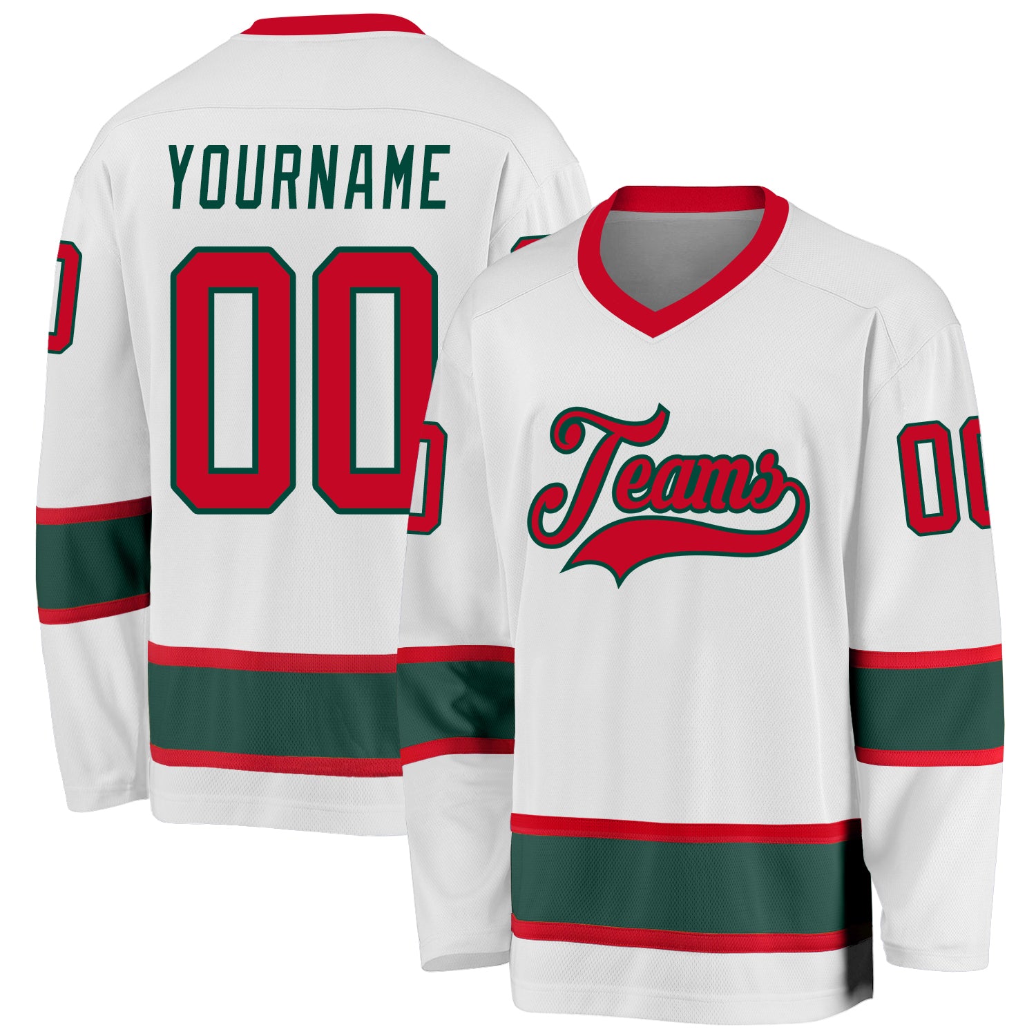 Custom Team Hockey Jersey - Personalized White Red Green with Name & Number Personalized White Red-Green Hockey Jersey Team