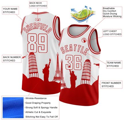 Customizable Holiday Basketball Jersey with City Monuments Silhouette - Authentic White Red Edition, Custom Name & Number