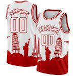 Customizable Holiday Basketball Jersey with City Monuments Silhouette - Authentic White Red Edition, Custom Name & Number