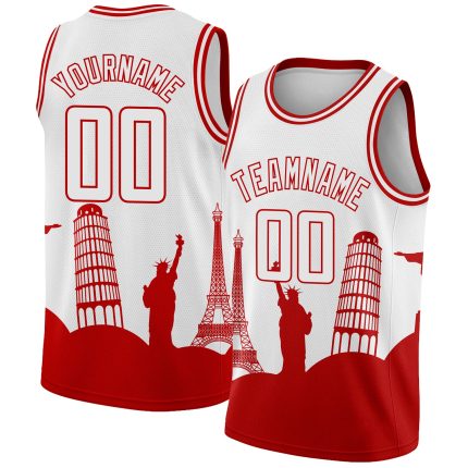 Customizable Holiday Basketball Jersey with City Monuments Silhouette - Authentic White Red Edition, Custom Name & Number