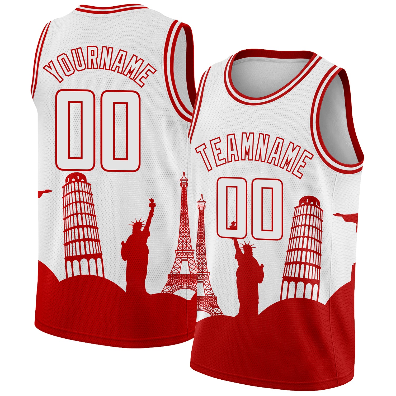 Customizable Holiday Basketball Jersey with City Monuments Silhouette - Authentic White Red Edition, Custom Name & Number