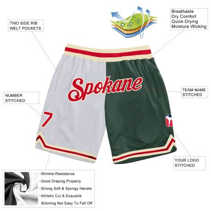 Personalized Authentic Basketball Shorts in White, Red, and Hunter Green -  Throwback Split Fashion Style Personalized White