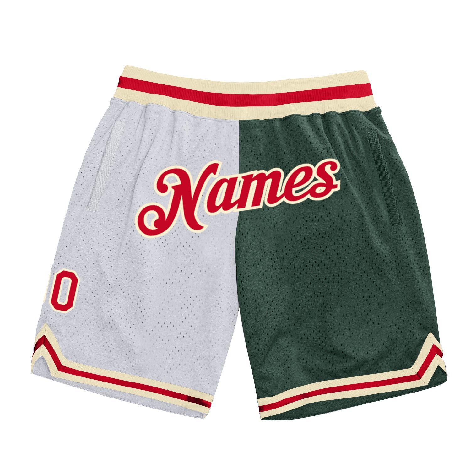 Personalized Authentic Basketball Shorts in White, Red, and Hunter Green -  Throwback Split Fashion Style Personalized White