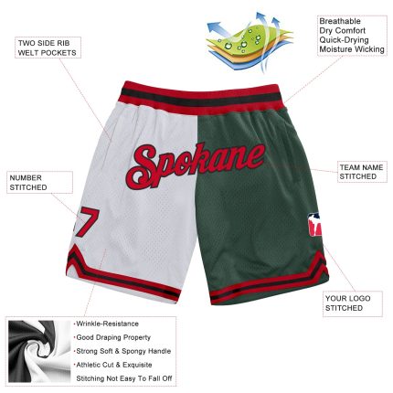 Custom Name Number Basketball Shorts Authentic Throwback Fashion White Red Hunter Green Team Personalized Split Design Personalized