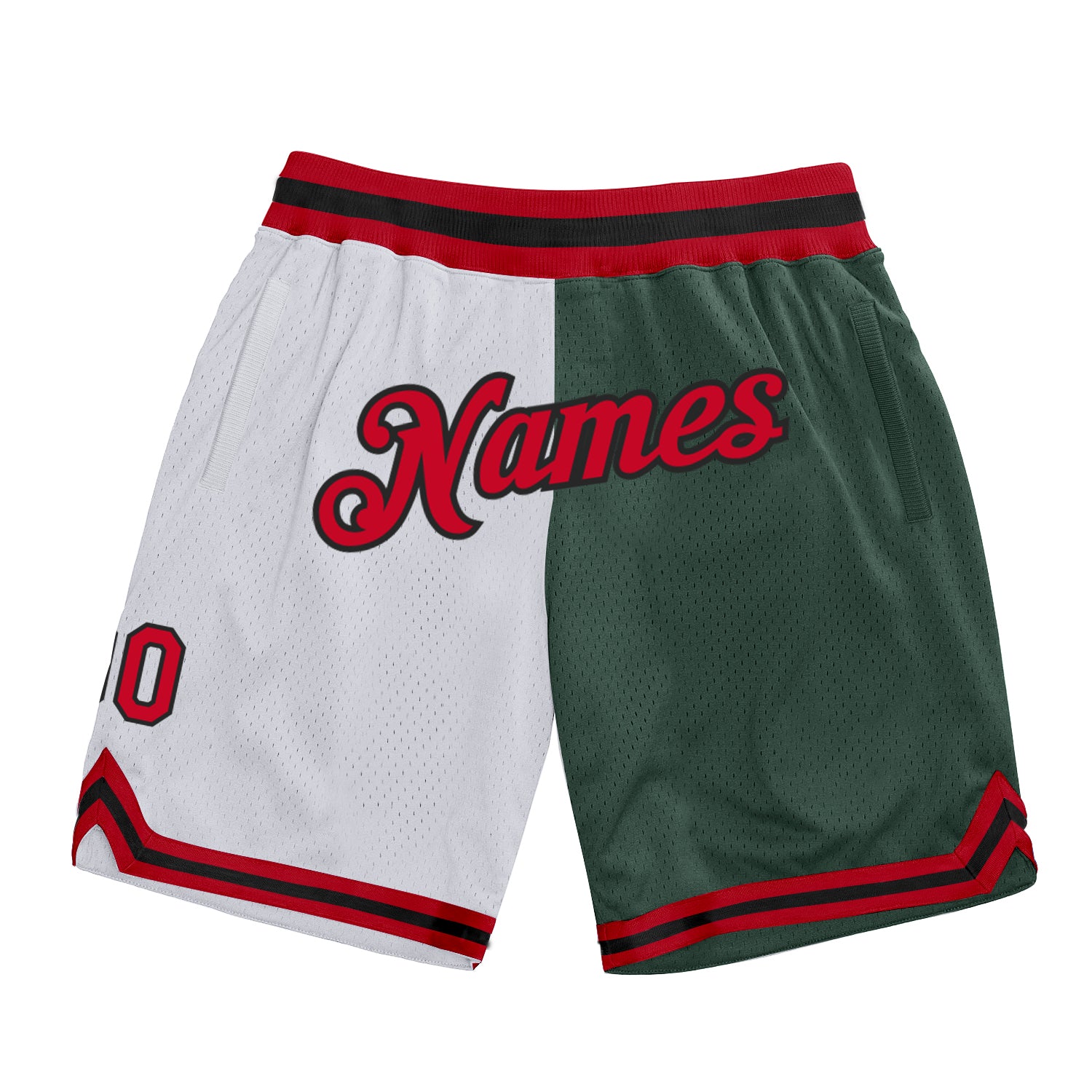 Custom Name Number Basketball Shorts Authentic Throwback Fashion White Red Hunter Green Team Personalized Split Design Personalized