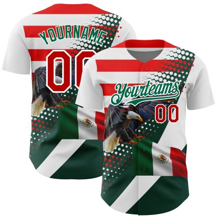 Custom 3D Mexico Authentic Baseball Jersey with Personalized Name & Number - White Red Kelly Green Personalized White Red-Kelly