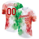 Custom Name Number 3D Mexico Performance T-Shirt, White Red Kelly Green Watercolor Splashes Grunge Design Personalized White