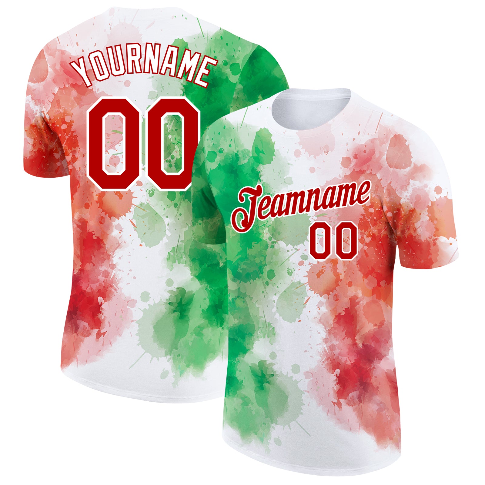 Custom Name Number 3D Mexico Performance T-Shirt, White Red Kelly Green Watercolor Splashes Grunge Design Personalized White