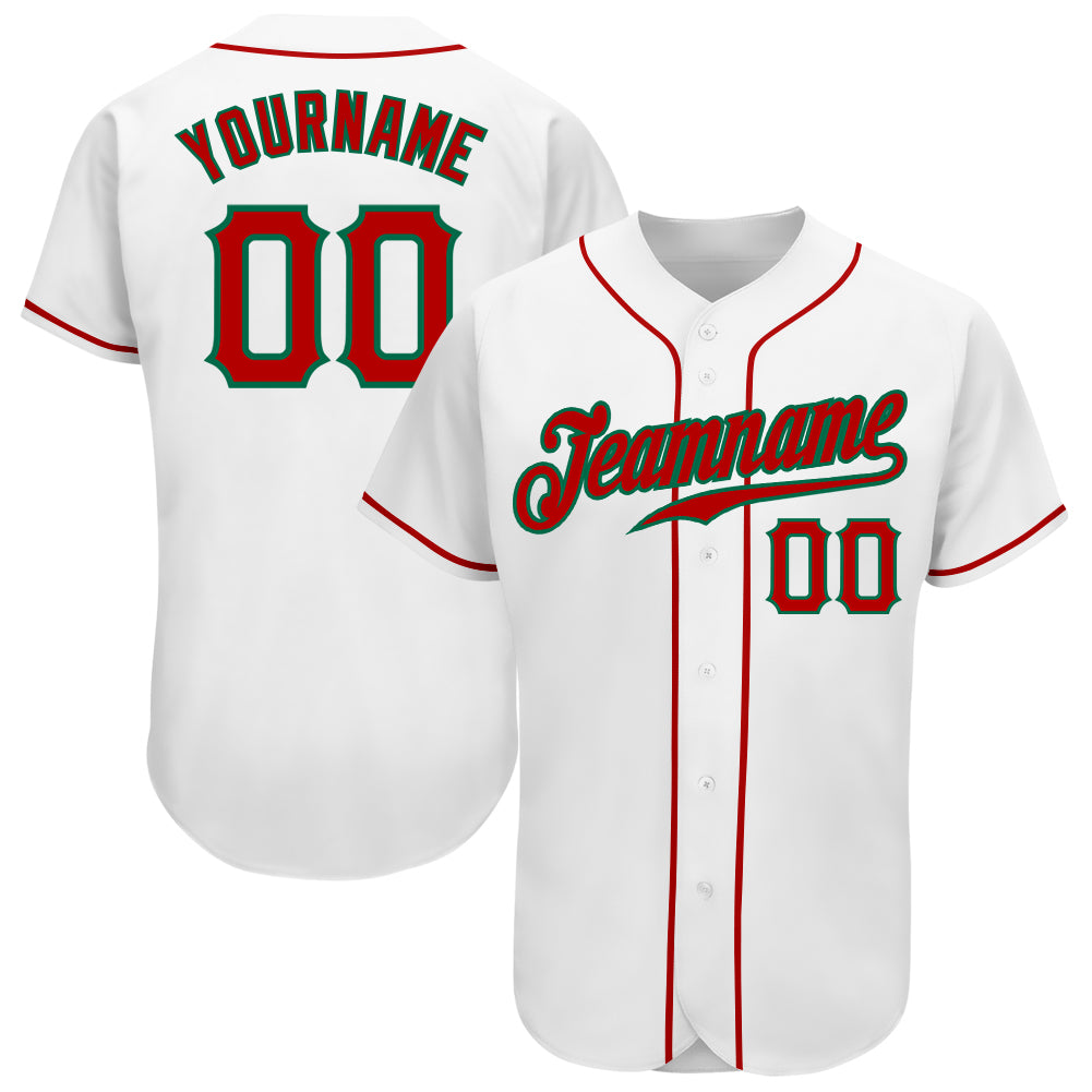 Custom Name Number Authentic Baseball Jersey in White Red Kelly Green - Personalized Team Jersey Personalized White Red-Kelly