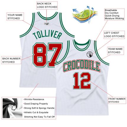 Custom Personalized Throwback Basketball Jersey - White Red-Kelly Green with Name and Number Personalized White Red-Kelly