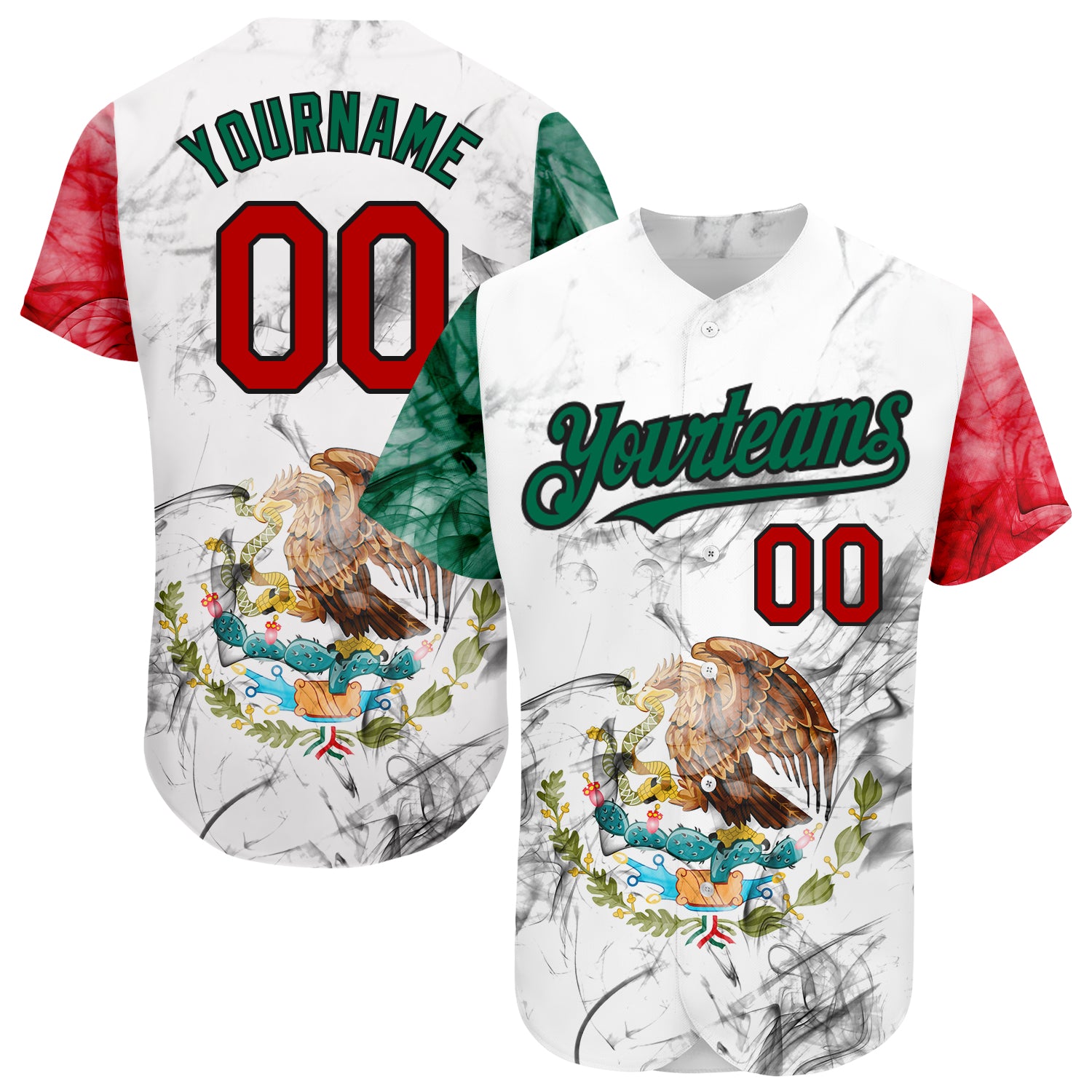 Custom Mexican Flag Baseball Jersey - Personalized Team Name & Number in White, Red, Kelly Green, and Black Personalized