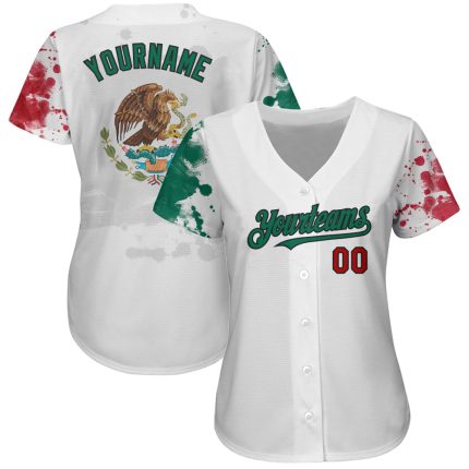 Custom 3D Grunge Mexican Flag Baseball Jersey with Personalized Name and Number - White, Red, Kelly Green, Black Personalized