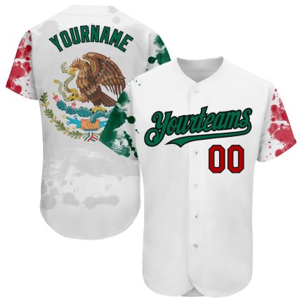 Custom 3D Grunge Mexican Flag Baseball Jersey with Personalized Name and Number - White, Red, Kelly Green, Black Personalized