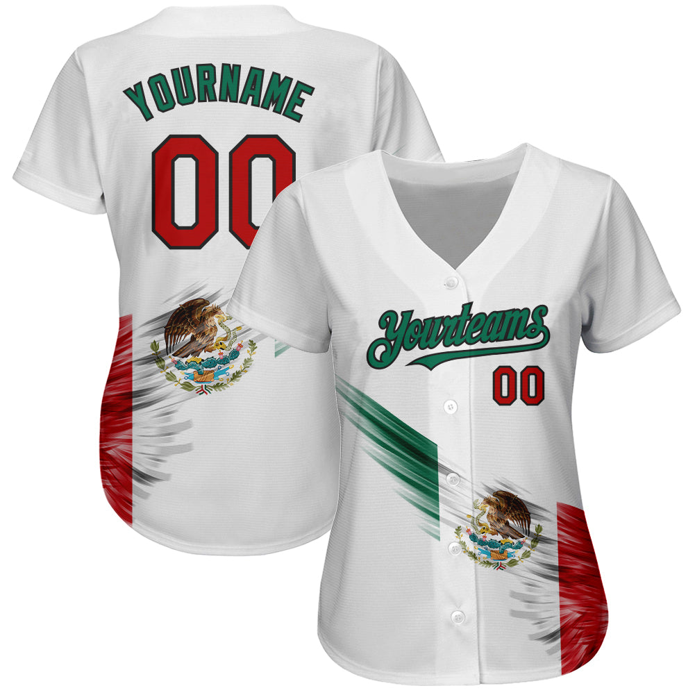 Personalized White Red Kelly Green-Black 3D The Abstract Wing With Mexican Flag Authentic Baseball Jersey Team Custom Name and Number Personalized 3D Mexican Flag Baseball Jersey - Custom Name & Number - Red, Green & Black Abstract Wing Design Personalized - Image 2