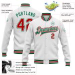 Custom Team Varsity Bomber Jacket with Personalized Name and Number - White Red Kelly Green Full-Snap Letterman Style Personalized