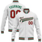 Custom Team Varsity Bomber Jacket with Personalized Name and Number - White Red Kelly Green Full-Snap Letterman Style Personalized