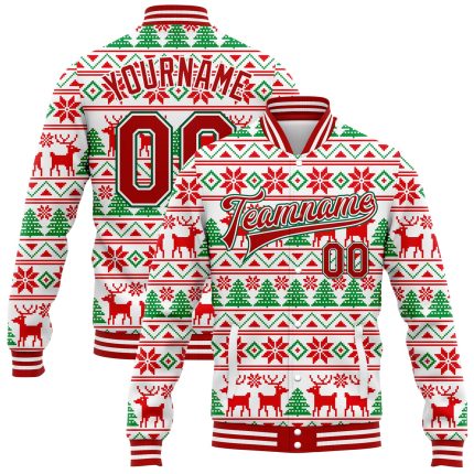Custom Name & Number 3D Christmas Varsity Letterman Jacket in White Red-Kelly Green - Personalized Full-Snap Bomber Jacket