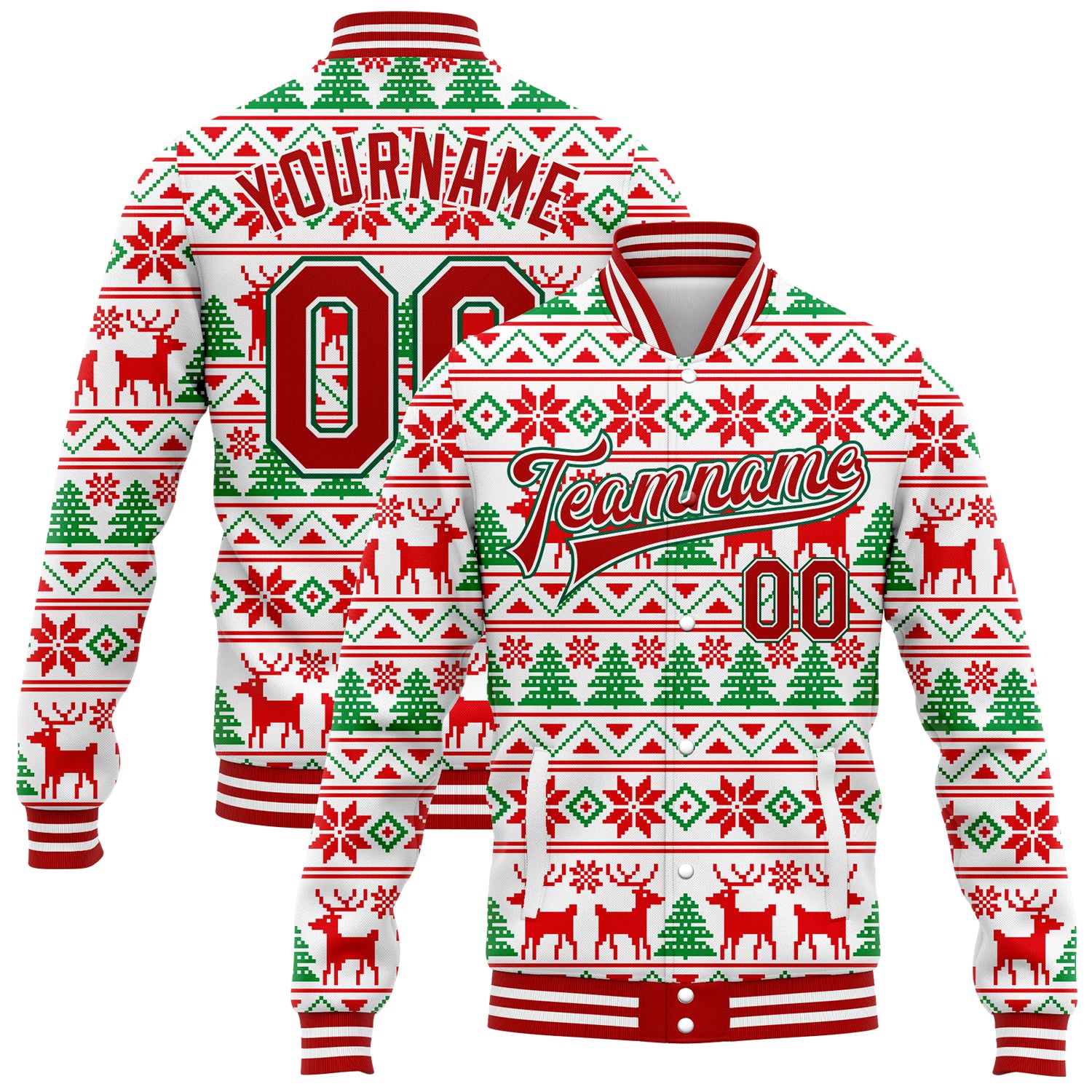 Custom Name & Number 3D Christmas Varsity Letterman Jacket in White Red-Kelly Green - Personalized Full-Snap Bomber Jacket