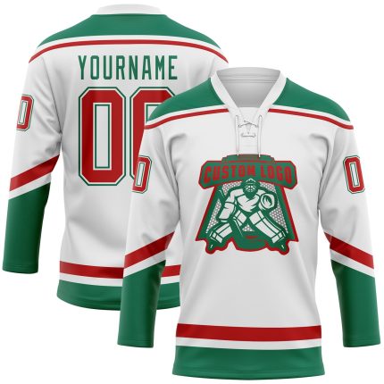 Custom Name and Number Red White Green Hockey Jersey with Lace Neck - Personalized Team Jersey Personalized White Red-Kelly