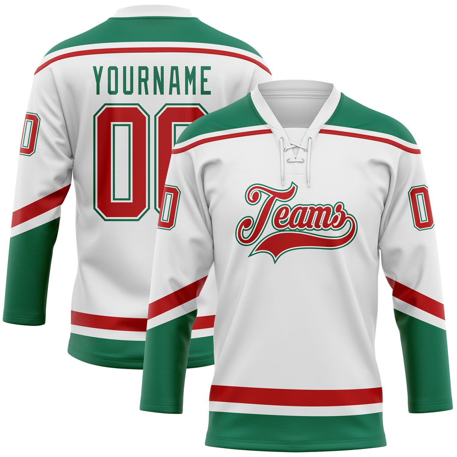 Custom Name and Number Red White Green Hockey Jersey with Lace Neck - Personalized Team Jersey Personalized White Red-Kelly