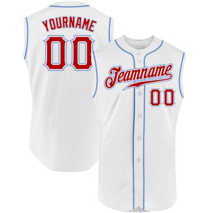 Custom Team Baseball Jersey with Personalized Name and Number - Authentic Sleeveless Design in White Red Light Blue Personalized