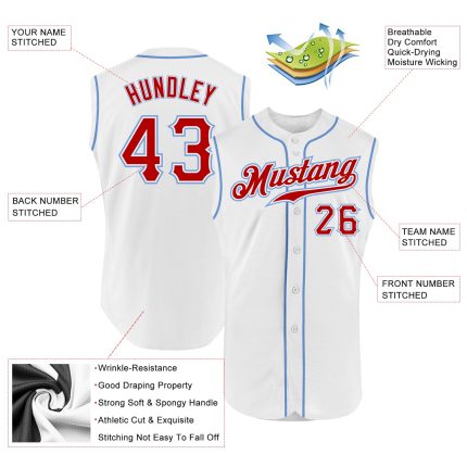 Custom Team Baseball Jersey with Personalized Name and Number - Authentic Sleeveless Design in White Red Light Blue Personalized