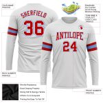 Custom Team Performance T-Shirt with Personalized Name & Number - White Red-Light Blue Long Sleeve Personalized White Red-Light