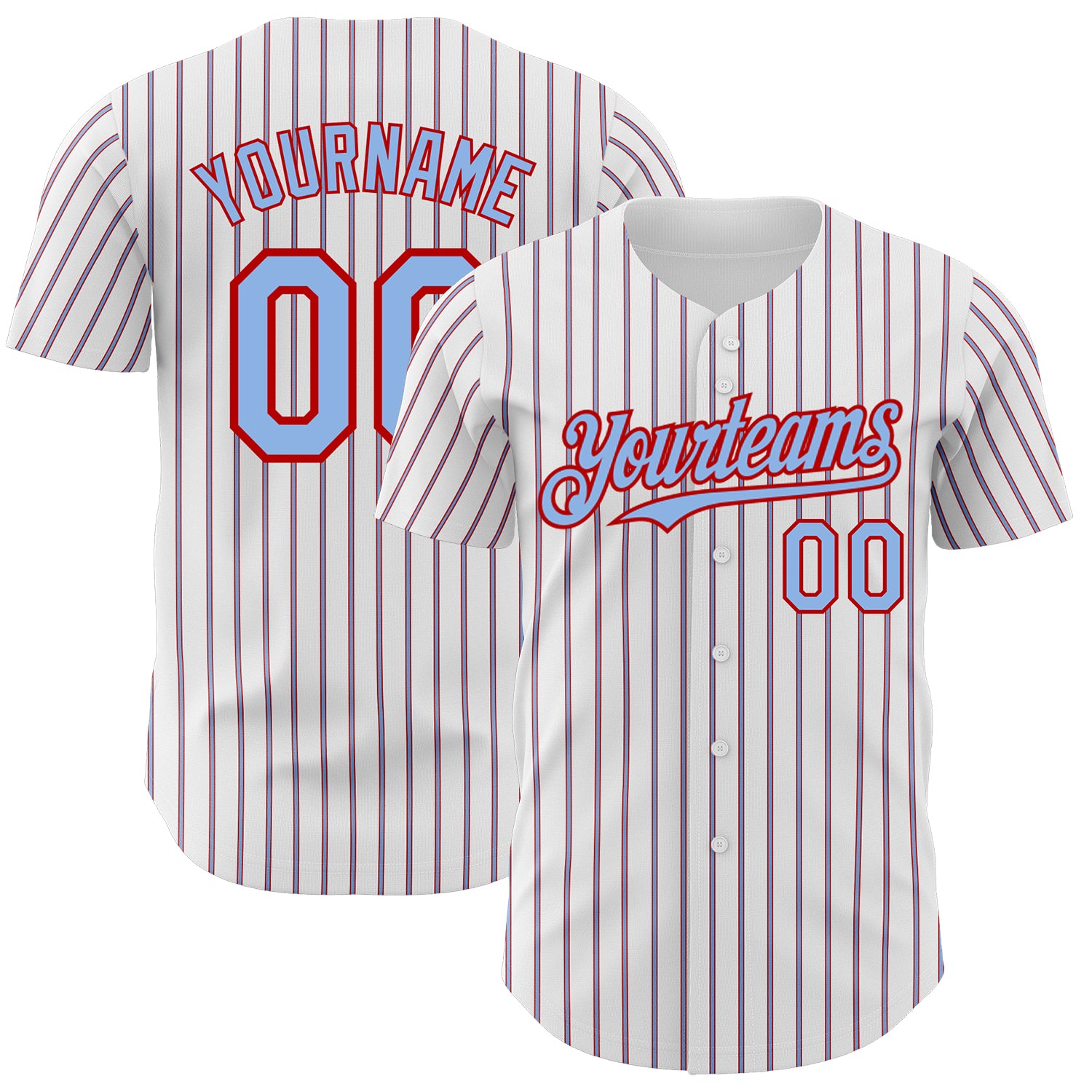 Custom Name and Number Authentic Baseball Jersey - Personalized Light Blue-Red Pinstripe Design, Team Colors Personalized