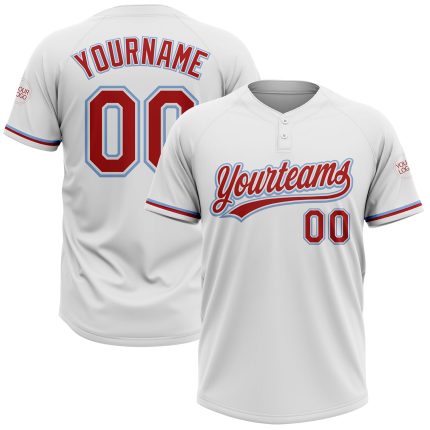 Personalized Unisex Softball Jersey in White Red-Light Blue, Two-Button Design Personalized White Red-Light Blue Two-Button