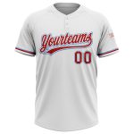 Personalized Unisex Softball Jersey in White Red-Light Blue, Two-Button Design Personalized White Red-Light Blue Two-Button