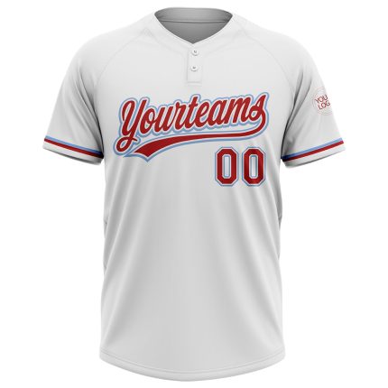 Personalized Unisex Softball Jersey in White Red-Light Blue, Two-Button Design Personalized White Red-Light Blue Two-Button