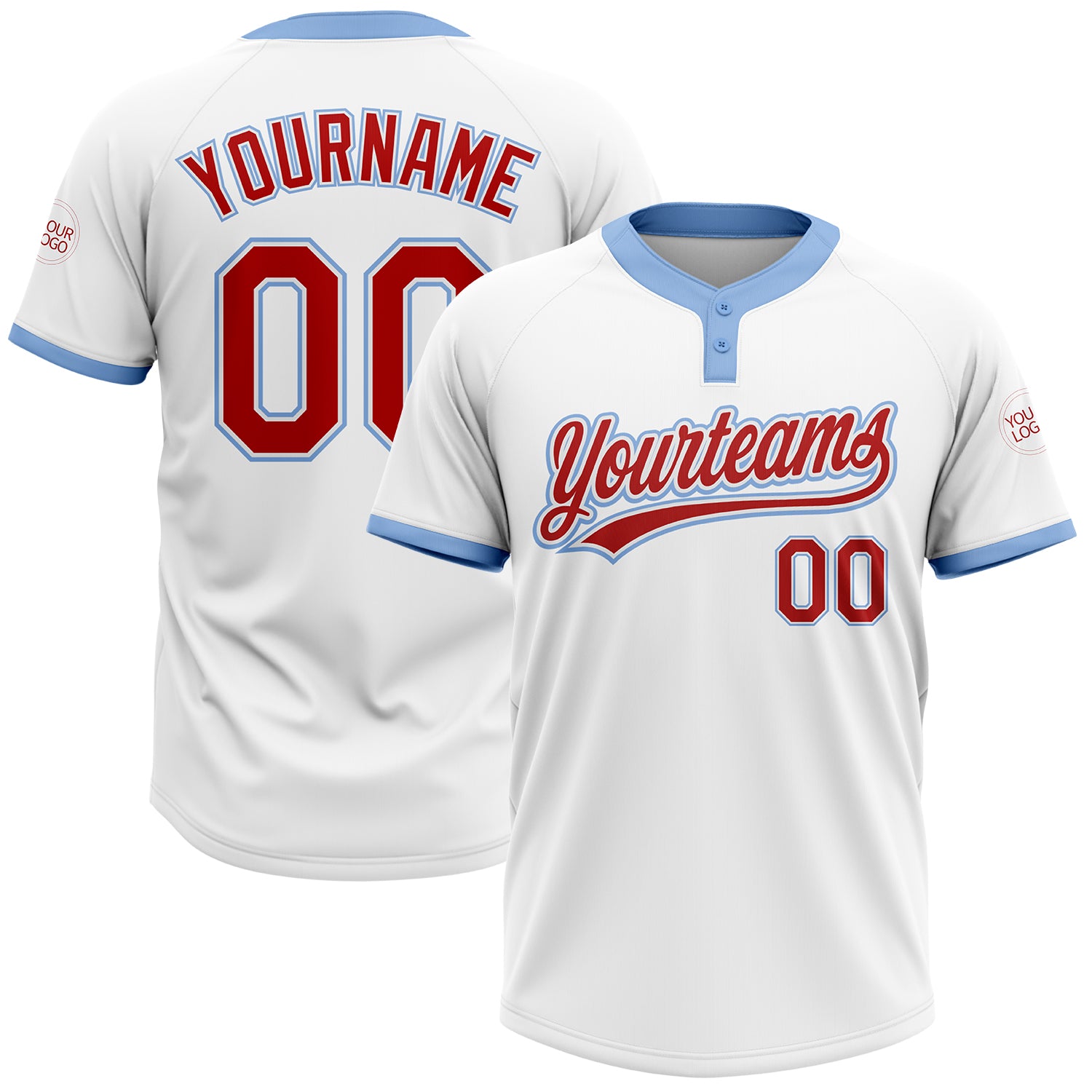 Custom Team Softball Jersey with Personalized Name and Number - White Red-Light Blue Unisex Two-Button Design Personalized