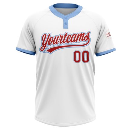Custom Team Softball Jersey with Personalized Name and Number - White Red-Light Blue Unisex Two-Button Design Personalized