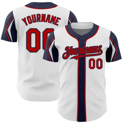 Custom Name and Number Authentic Baseball Jersey in White Red and Navy - Personalized Team Colors and Arm Shapes Personalized