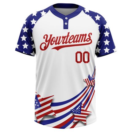 Personalized 3D American Flag Softball Jersey Unisex Two-Button in White Red-Navy Personalized White Red-Navy 3D American