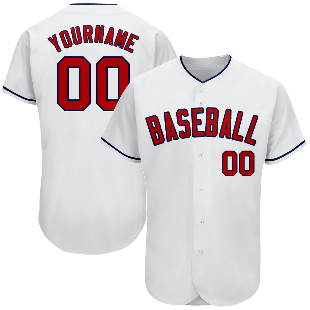 Personalized Baseball Jersey - White Red Navy Authentic Sports Apparel Personalized White Red-Navy Authentic Baseball Jersey