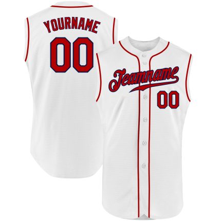 Custom Personalized Sleeveless Baseball Jersey - White Red-Navy with Team Name and Number Personalized White Red-Navy Authentic