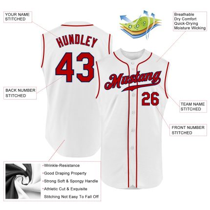 Custom Personalized Sleeveless Baseball Jersey - White Red-Navy with Team Name and Number Personalized White Red-Navy Authentic