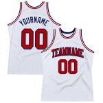 Personalized Authentic Basketball Jersey in White Red-Navy Throwback Style Personalized White Red-Navy Authentic Throwback