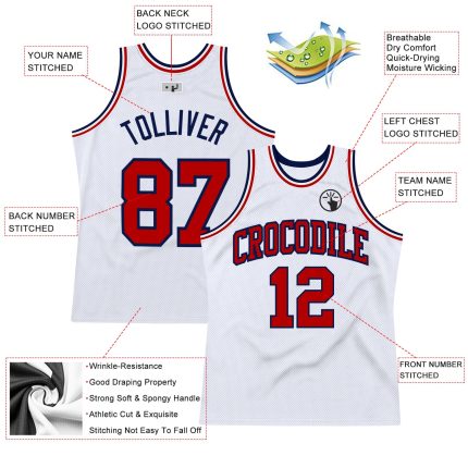 Personalized Authentic Basketball Jersey in White Red-Navy Throwback Style Personalized White Red-Navy Authentic Throwback