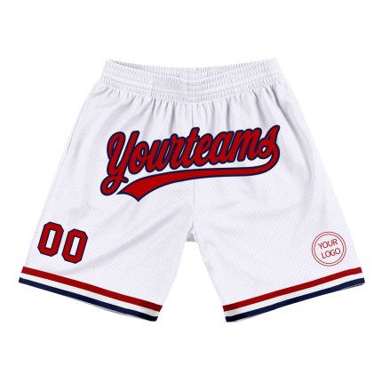 Personalized Authentic Basketball Shorts in White Red-Navy - Throwback Style Personalized White Red-Navy Authentic Throwback